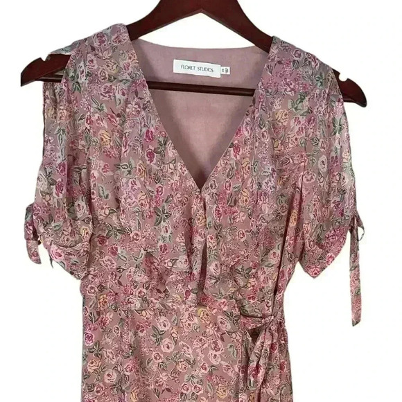 FLORET STUDIOS Ruffle Side Tie Wrap Midi Dress in Mauve Pink Size XS NWOT - Picture 3 of 10